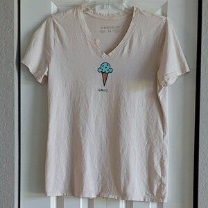 Life Is Good Beige V-Neck "Chill" Short Sleeve Tee Women's Size M